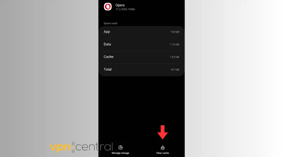 clear cache on opera android app