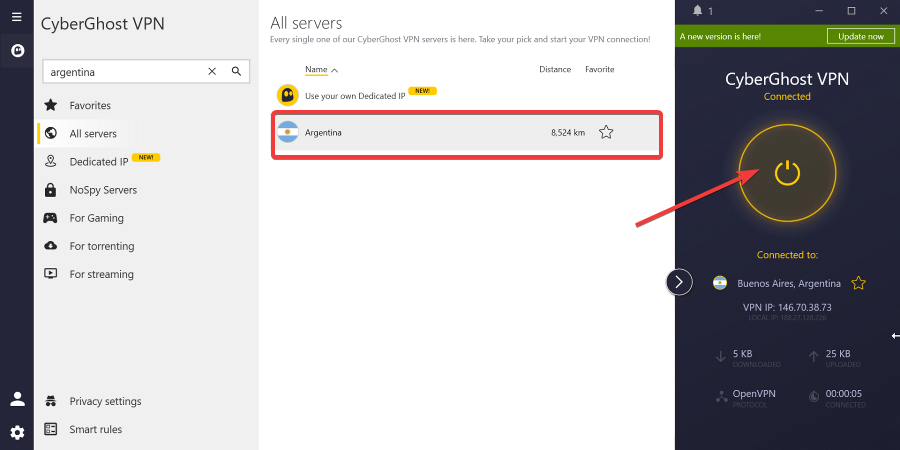 cyberghost argentinian server