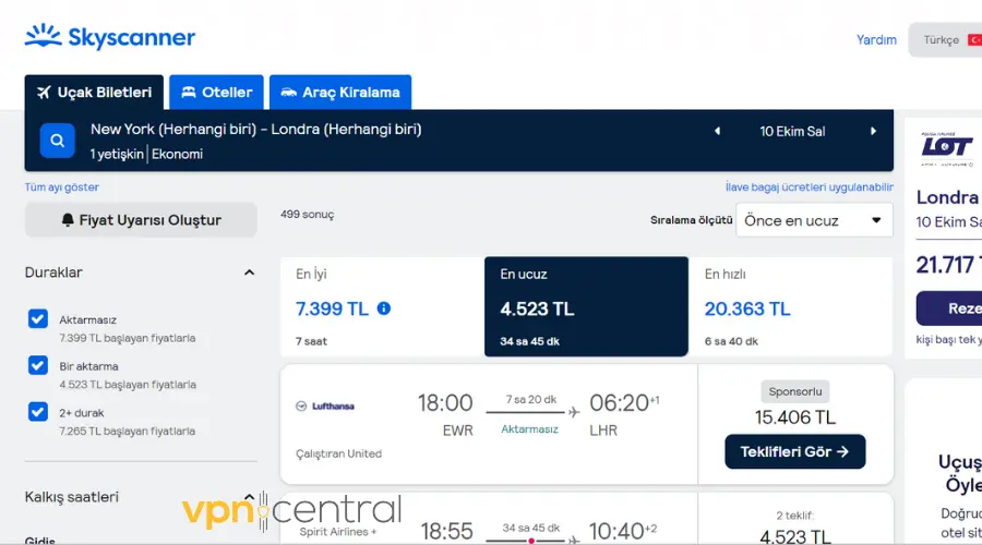 flight prices on turkish skyscanner