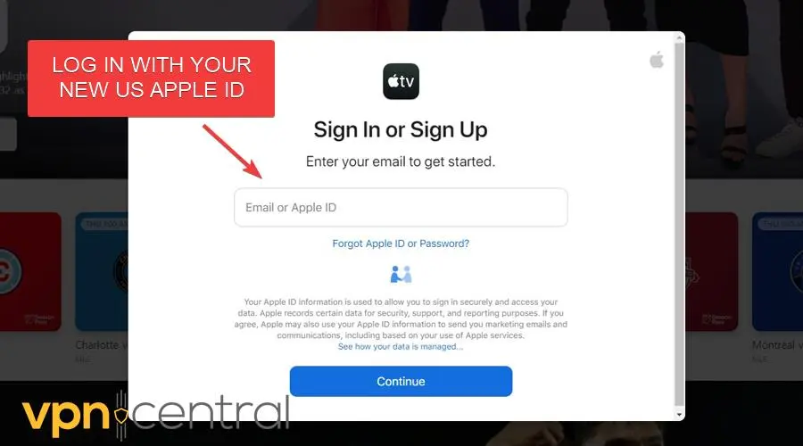 log in with your new apple id