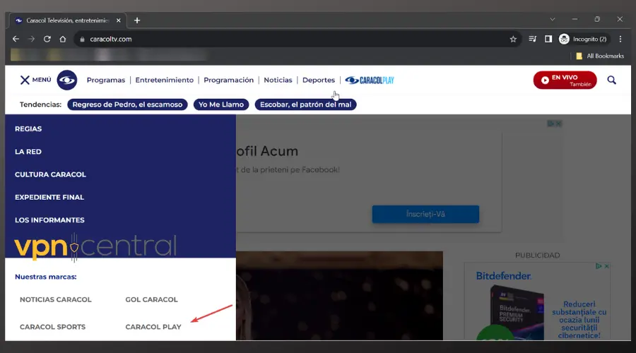 caracol play option on the caracol tv website