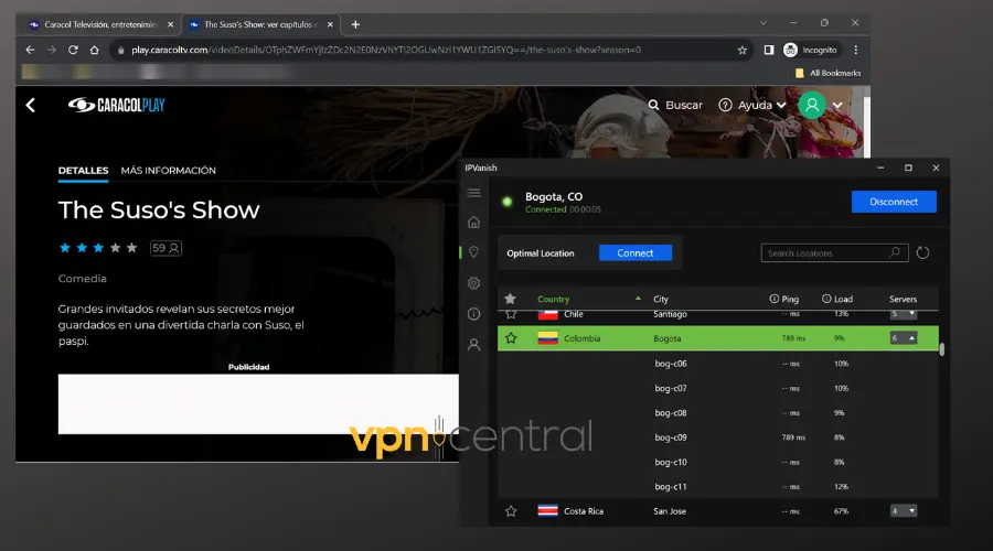 caracol tv working with ipvanish connected to colombia
