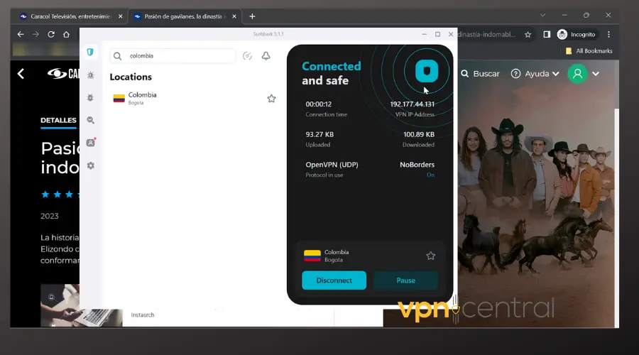 caracol tv working with surfshark vpn connected to columbia