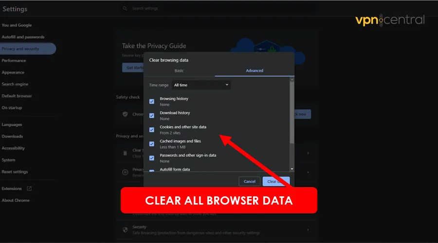 chrome clear browsing data