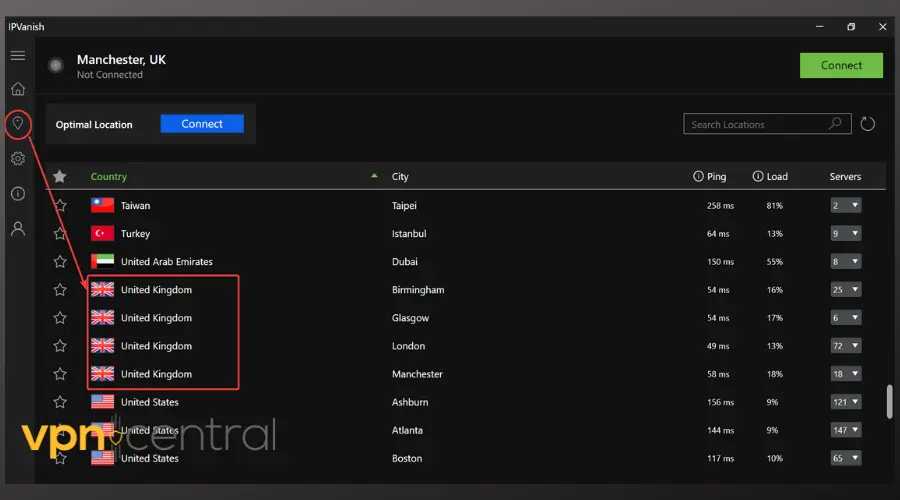 connecting to a uk vpn server in ipvanish