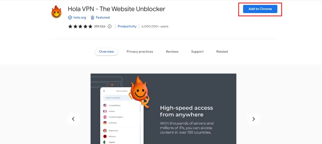 add hola vpn chrome browser extension