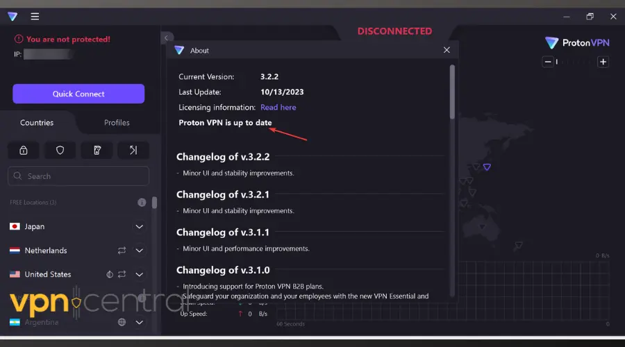 protonvpn is up to date message in the about submenu
