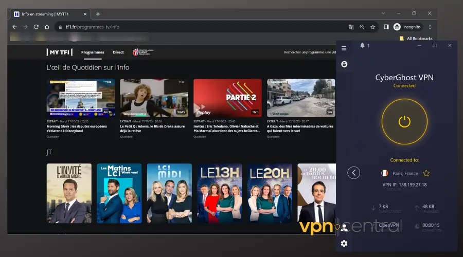 tf1 unblocked in uk with cyberghost vpn