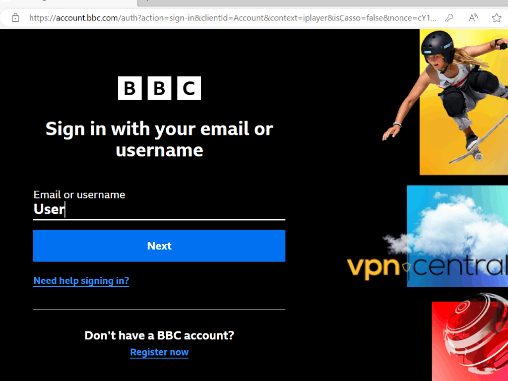 BBC iPlayer login page