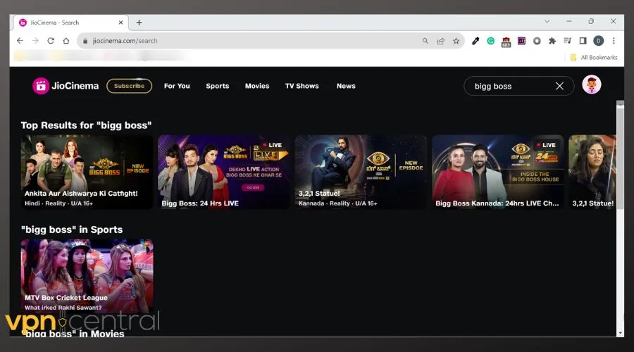 bigg boss search results in jio cinema