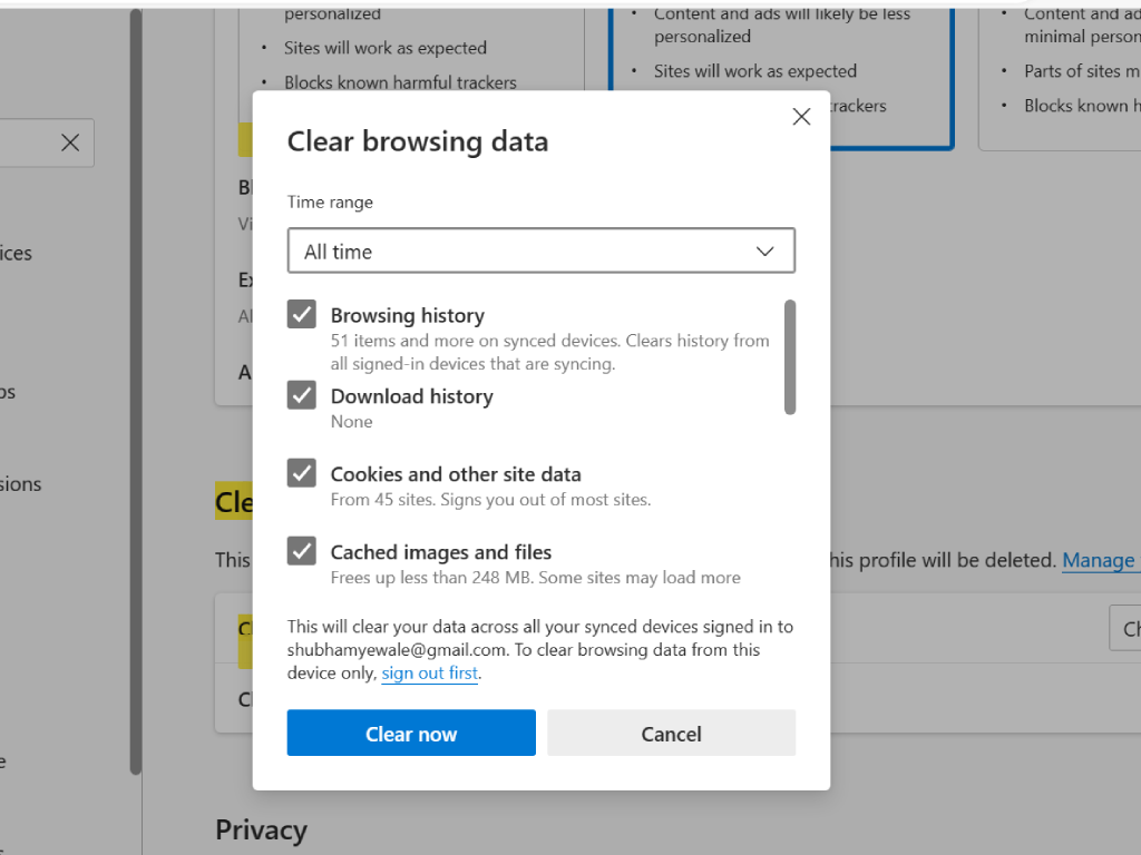 Clear cookies and cache in browser