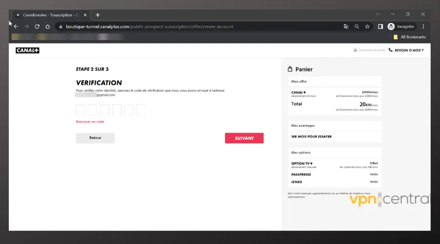 enter verification code on canal plus