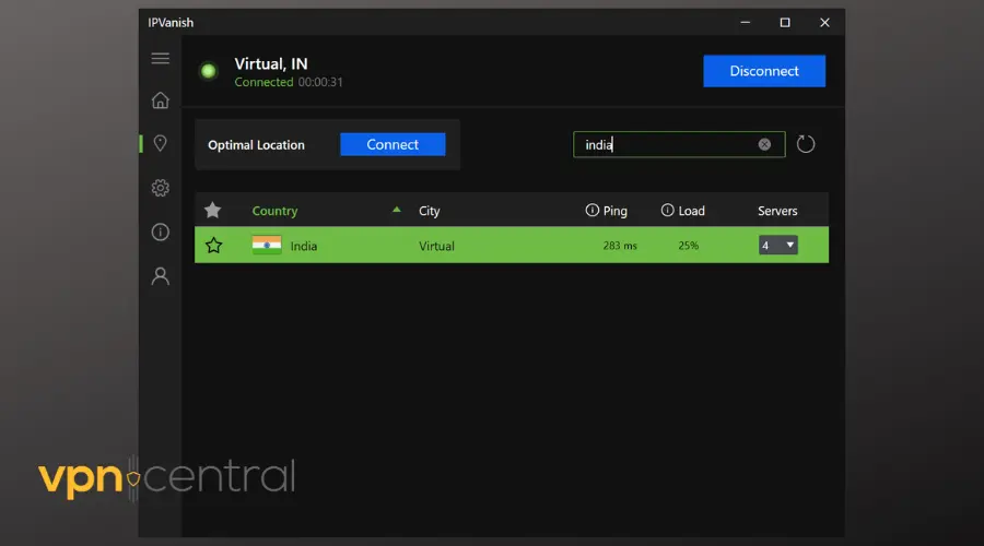 ipvanish indian servers
