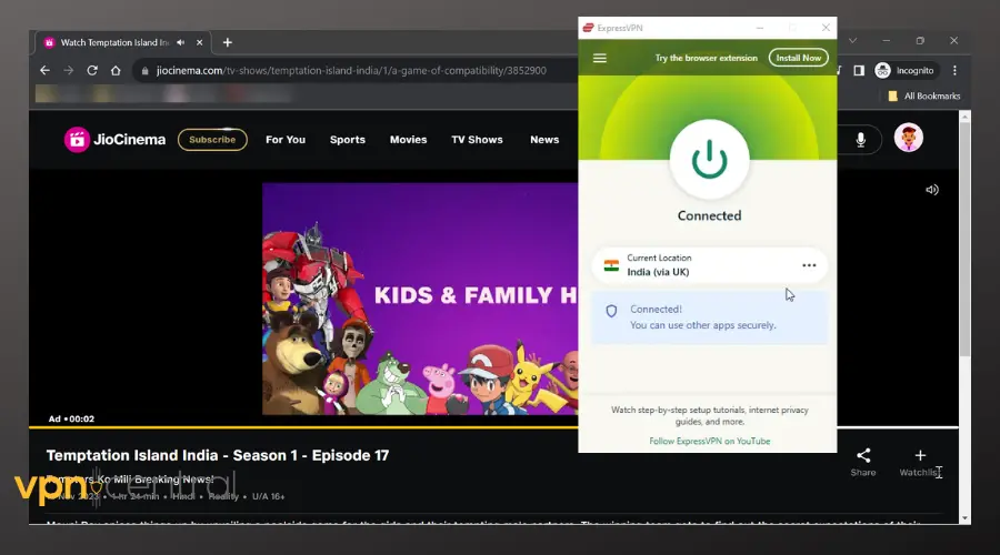 watching jiocinema in uk with expressvpn connected to indian server