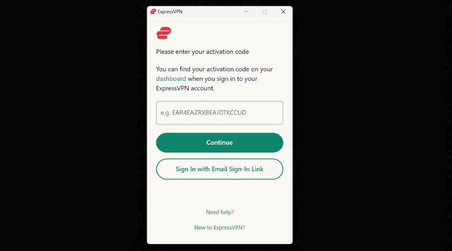 ExpressVPN login screen