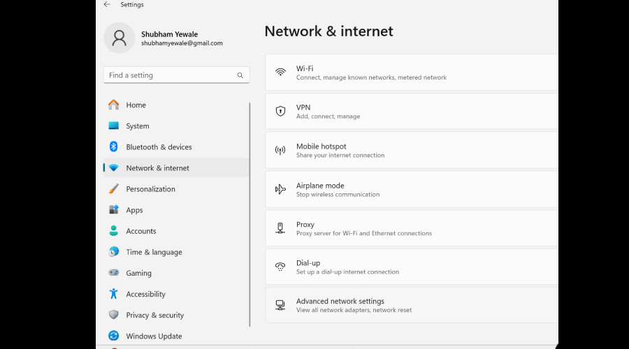 Advanced network settings in Windows