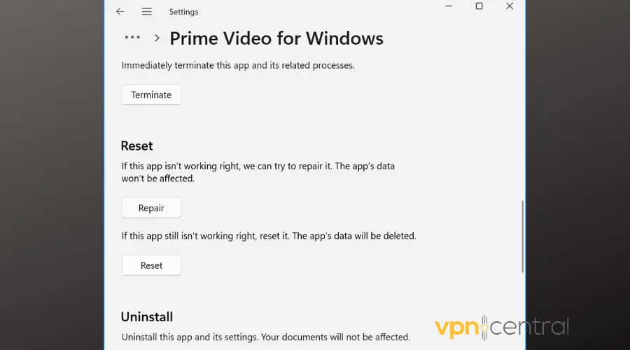 amazon prime video app reset