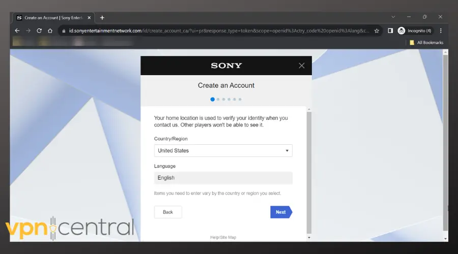 create sony account