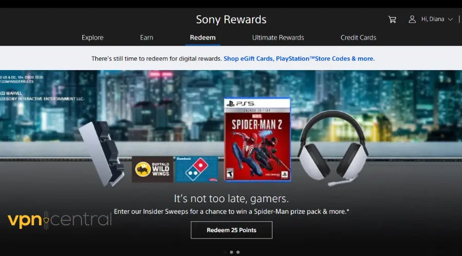 sony rewards redeem page