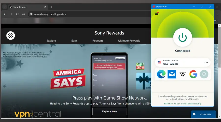 sony rewards working with expressvpn
