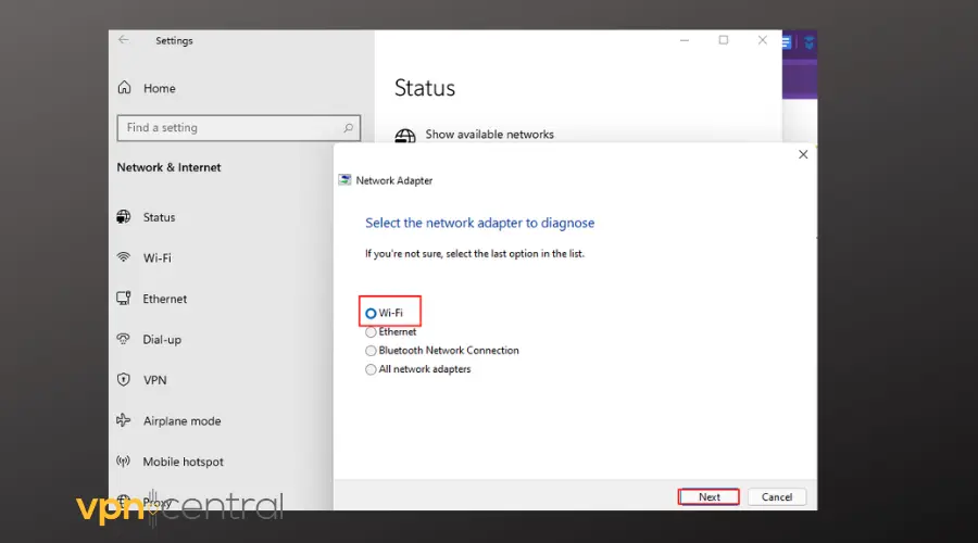 Choose the network adapter to diagnose on pc