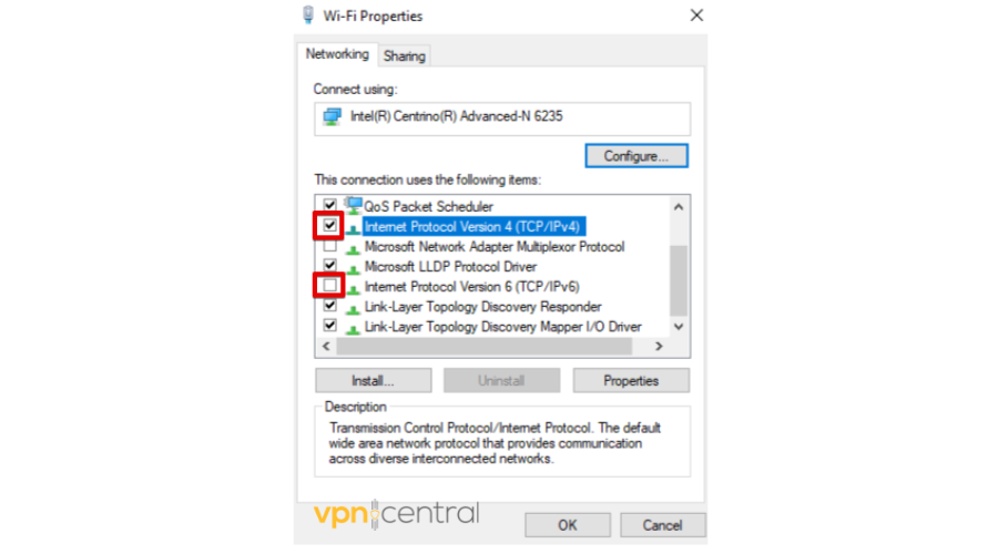 Uncheck (TCP/IPv6) and (TCP/IPv4)