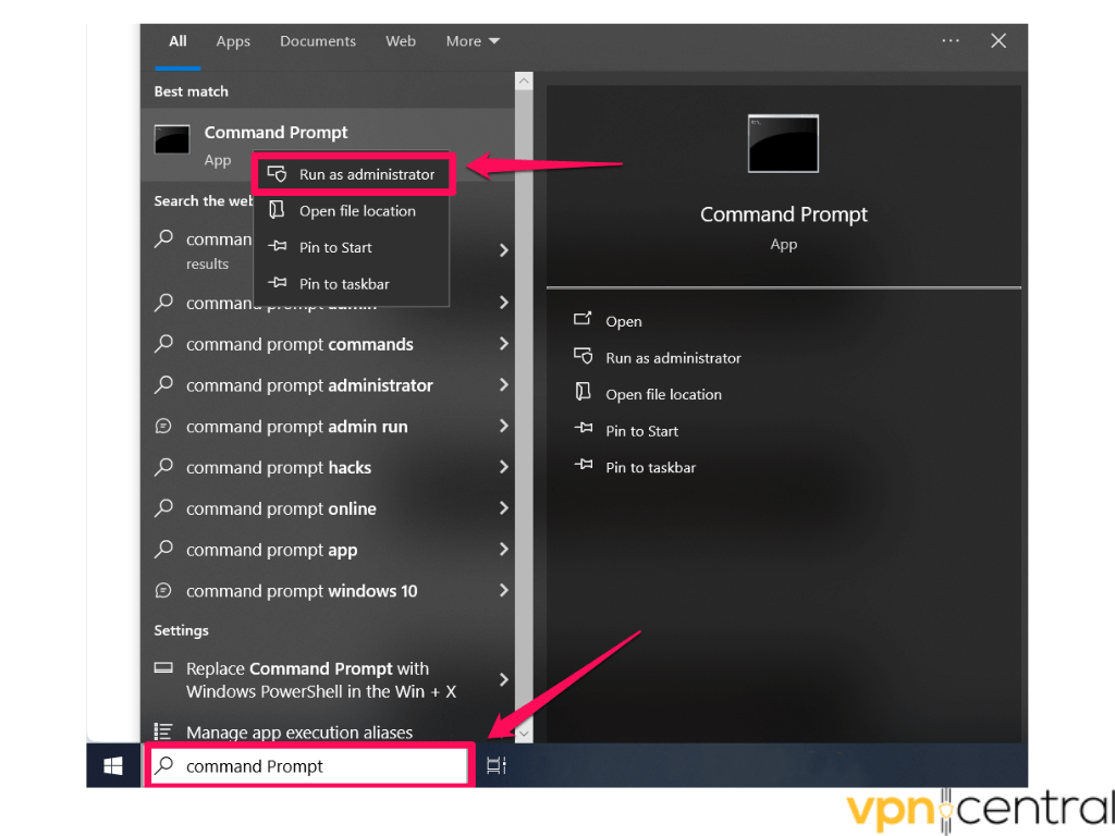 Accessing Command Prompt from the Taskbar search bar