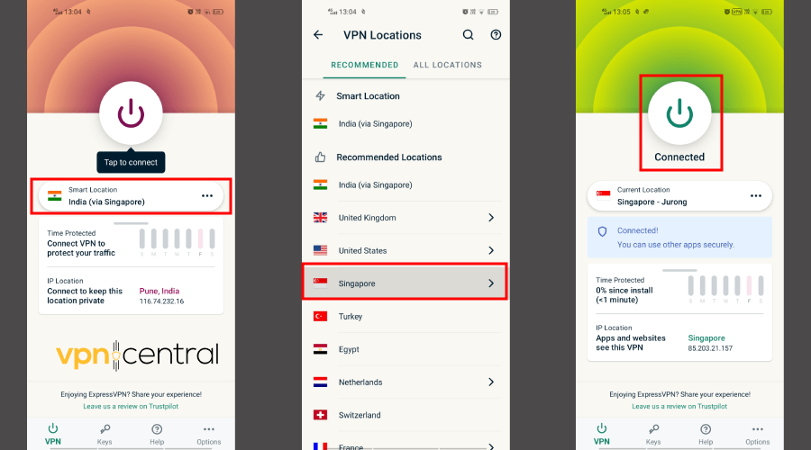 Changing VPN server in ExpressVPN