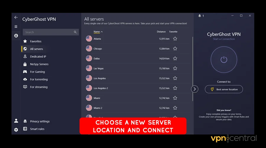 choose a new server location and connect