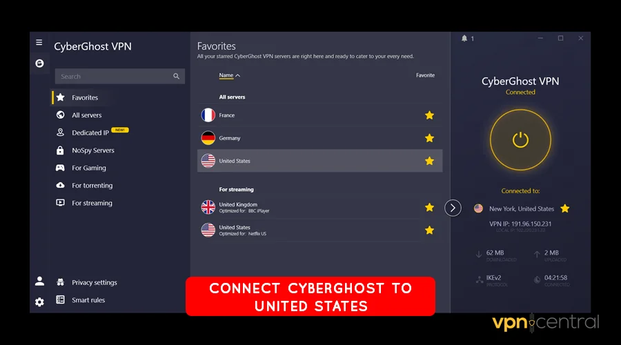 connect cyberghost to a us-based server