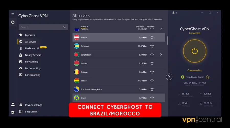 connect cyberghost to morocco or brazil