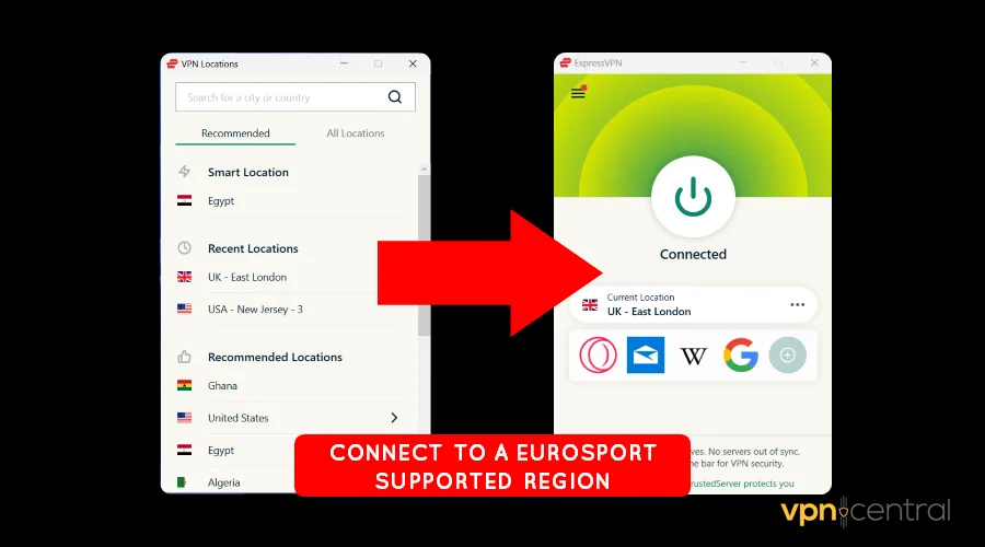 connect expressvpn to a eurosport supported country