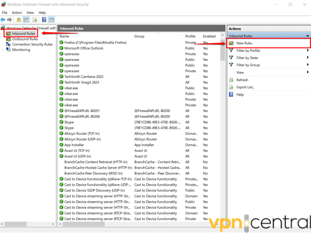 Creating a new inbound rule for Windows Defender Firewall