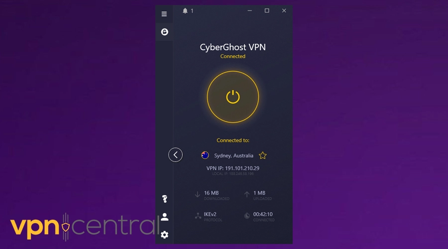 cyberghost connected to australia server