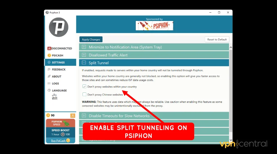 enable split tunnel on psiphon