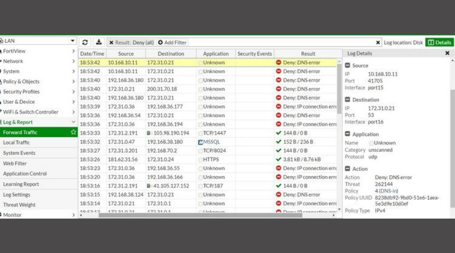 deny IP connection errors in Fortigate