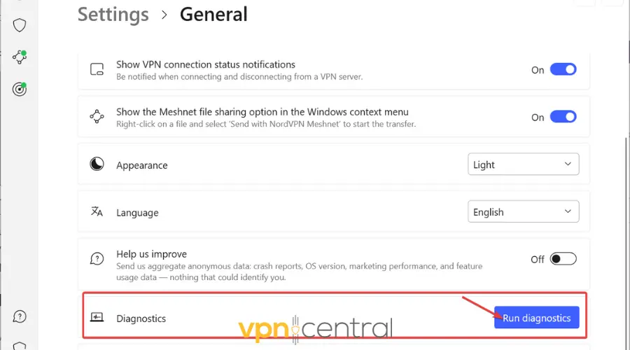 nordvpn run diagnostics