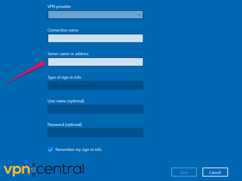 VPN connection settings