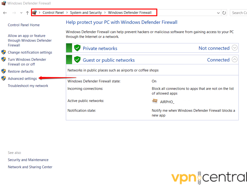 Access Advanced Settings in Windows Firewall