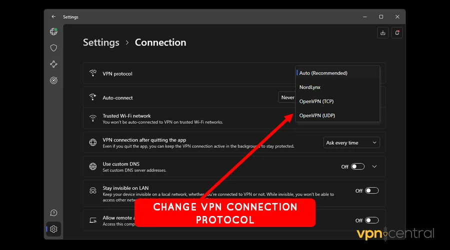 change vpn connection protocol