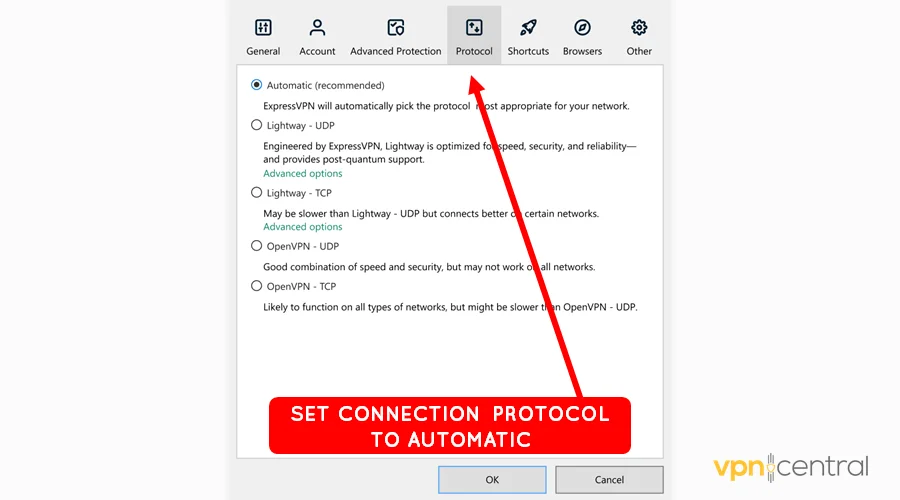 choose automatic protocol on expressvpn