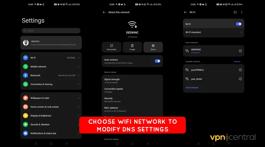 choose wifi network to modify dns settings