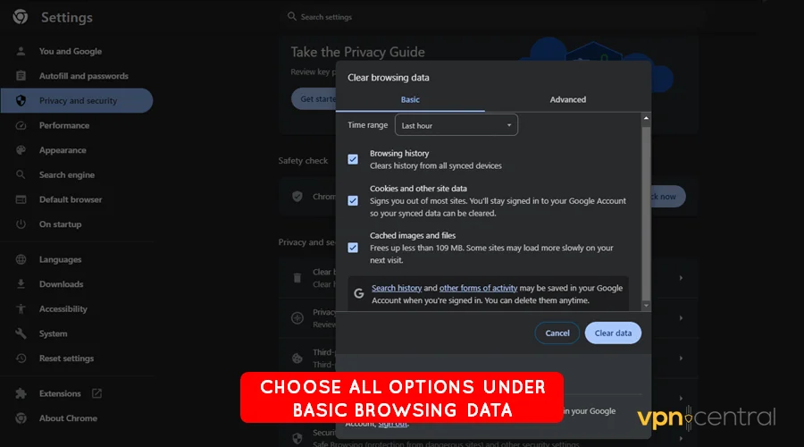 clear cookies and browsing data on google chrome