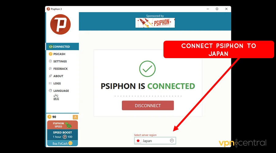 connect psiphon to japan