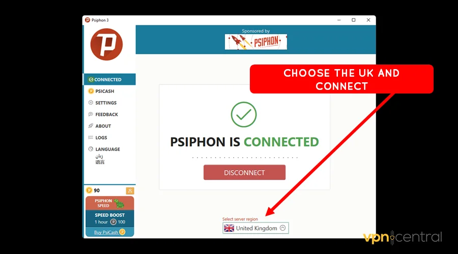 connect to a uk server on psiphon