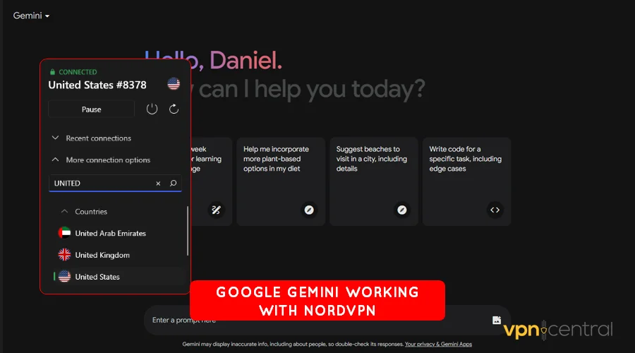 google gemini working with nordvpn