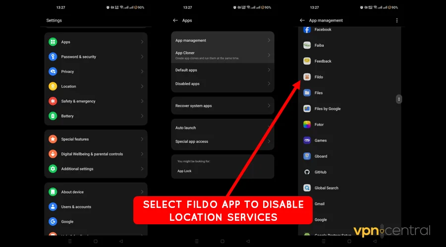 select fildo app to disable location services
