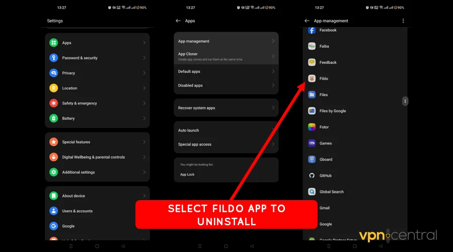 select fildo app to uninstall