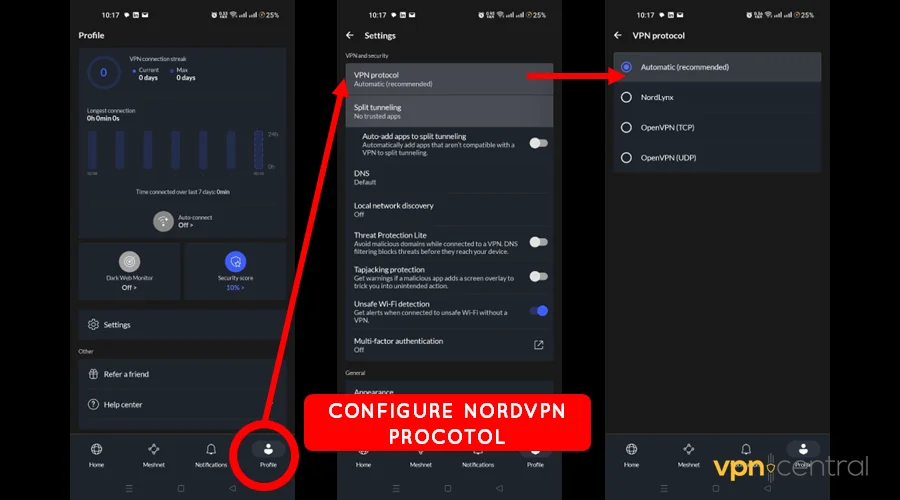 set automatic protocol on nordvpn