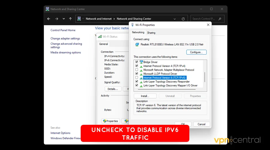 uncheck to disable ipv6 traffic